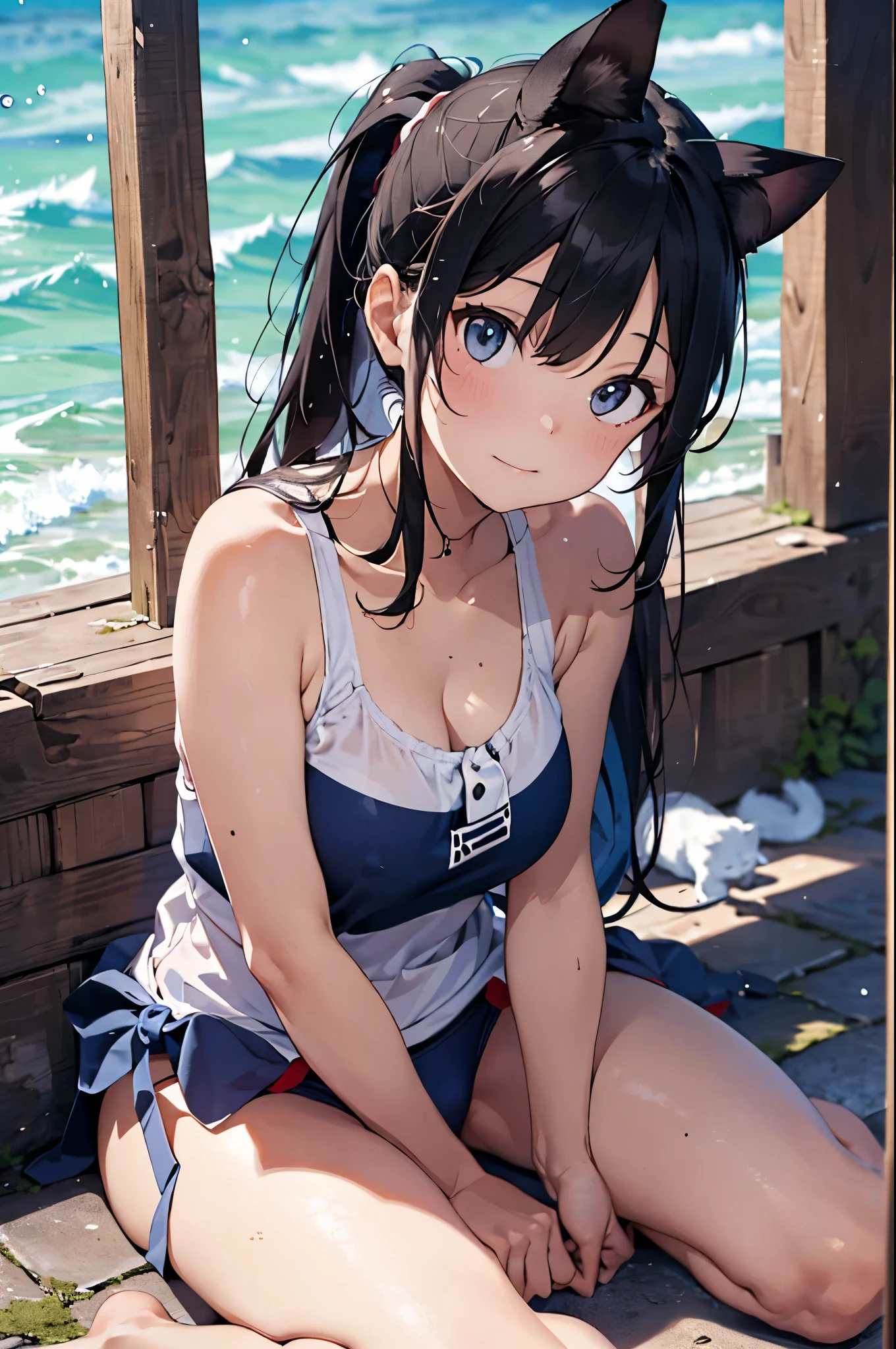 very cute and beautiful girl,(very detailed美しい顔と目:1.2),blue school swimsuit, sitting,spread your legs,looking at the viewer,Poolside,colorful flowers,summer,(smile),black hair,dynamic angle, (highest quality,masterpiece:1.2),High resolution,very detailed,alone, hair blowing in the wind,beautiful and detailed sky,perfect hands,