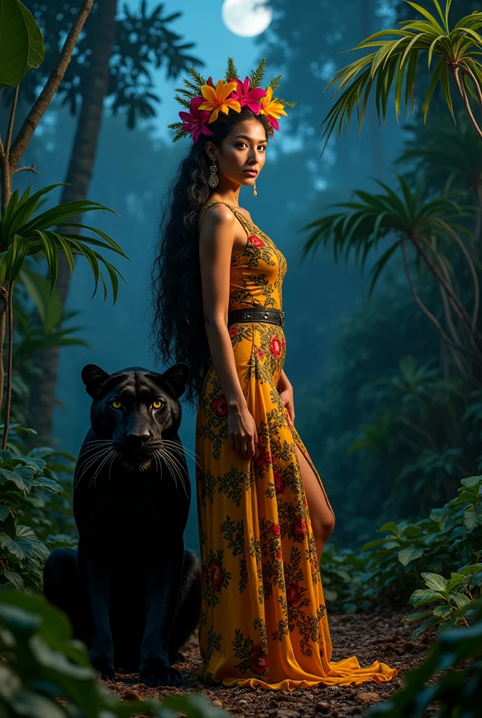 araffe posing with a black leopard in a jungle with palm trees, queen of the jungle, national geographic photoshoot, gorgeous jungle Tarzan woman, amazon queen, dolce & gabbana campaign, jaguar, jungle, brazilan supermodel, on jungle night !!!, in a jungle environment, in the jungle, amazonian, 4k still, beautiful, in a jungle, 3 0 years busty woman