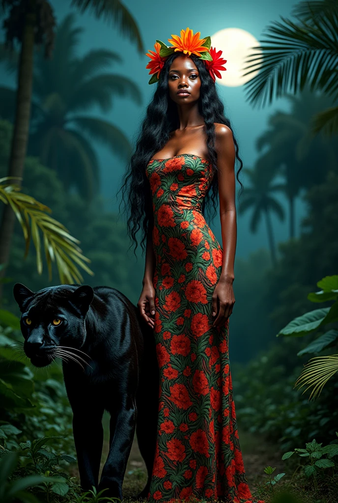 araffe posing with a black leopard in a jungle with palm trees, queen of the jungle, national geographic photoshoot, gorgeous jungle Tarzan woman, amazon queen, dolce & gabbana campaign, jaguar, jungle, brazilan supermodel, on jungle night !!!, in a jungle environment, in the jungle, amazonian, 4k still, beautiful, in a jungle, 3 0 years busty woman