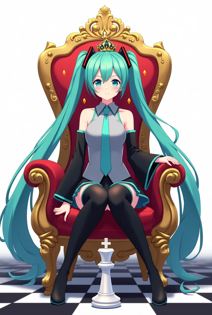 Japanese anime, anime art, anime style, detailed drawing, white background, high definition, high quality, high resolution, chessboard (floor), white king (chess), crown, sceptre, throne, one girl, solo, Miku Hatsune, aqua hair, twintails, head ornament (black / red line), headphones, 01 (number tattoo), grey shirt, collared shirt, sleveless shirt, black sleeves (aqua line), detached sleeves, aqua necktie, aqua nails, black skirt (aqua line), pleated skirt, mini skirt, zettai ryouiki, thigh boots, black thigh-high (aqua line), Hatsune Miku wearing a crown and holding a long spectre; she sits on the throne; the throne is set on a chessboard. Add one white king chess (add cross on it) beside her. Add a crown on her head.