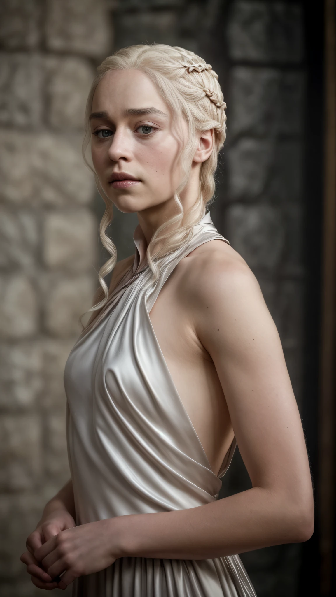 masterpiece, stunning portrait photo of khls woman, sleeveless, erotic costumes, sensual satin dress, game of thrones inspired costumes, compelling, cinematic, extremely gorgeous, stunning beauty, 
  