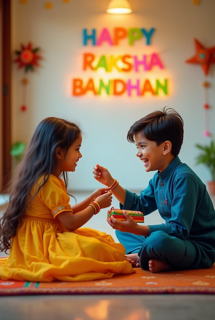 A realistic 20 year old  Cute boy and girl are sitting face to face on a colorful mat in the home lobby, the boy has extended one of his hand forward And Girl tying Rakhi on brother's hand. boy is wearing a Blue colored kurta And the girl is wearing a yellow Lahenga, boy has a gift box in his other hand, is smiling, girl has applied tilak on his forehead, and on the wall in bold letters "HAPPY RAKSHA BANDHAN" "Ajay & Money" It is written, 4k image