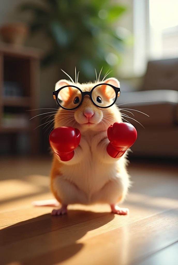A hamster standing on its hind legs, with boxing gloves on its front paws, and glasses on its eyes