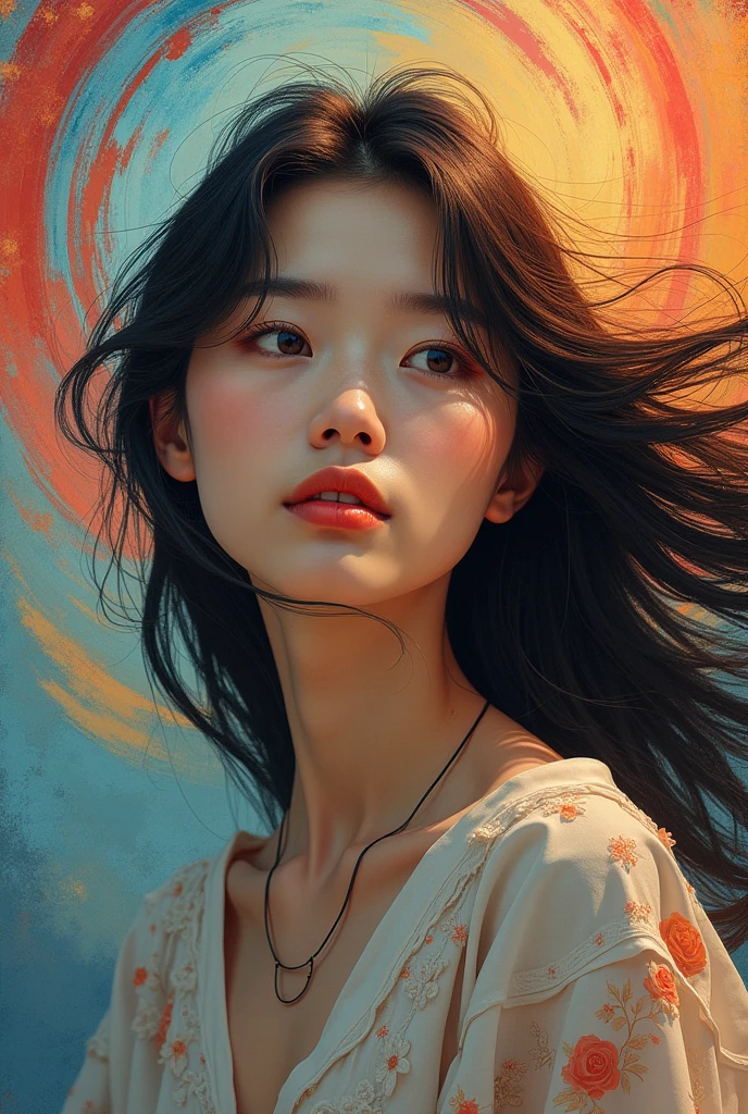 Visually captivating artwork, (with skillful use of color, composition, and light.) Innovative artwork, showcasing unique and imaginative concepts. (korean woman), (hyperrealism), (high-detailed) Emotionally resonant artwork, effectively conveying a narrative. Momentum-aligned artwork, reflecting a sense of movement and progress. Skillfully crafted artwork, demonstrating meticulous detail and technique