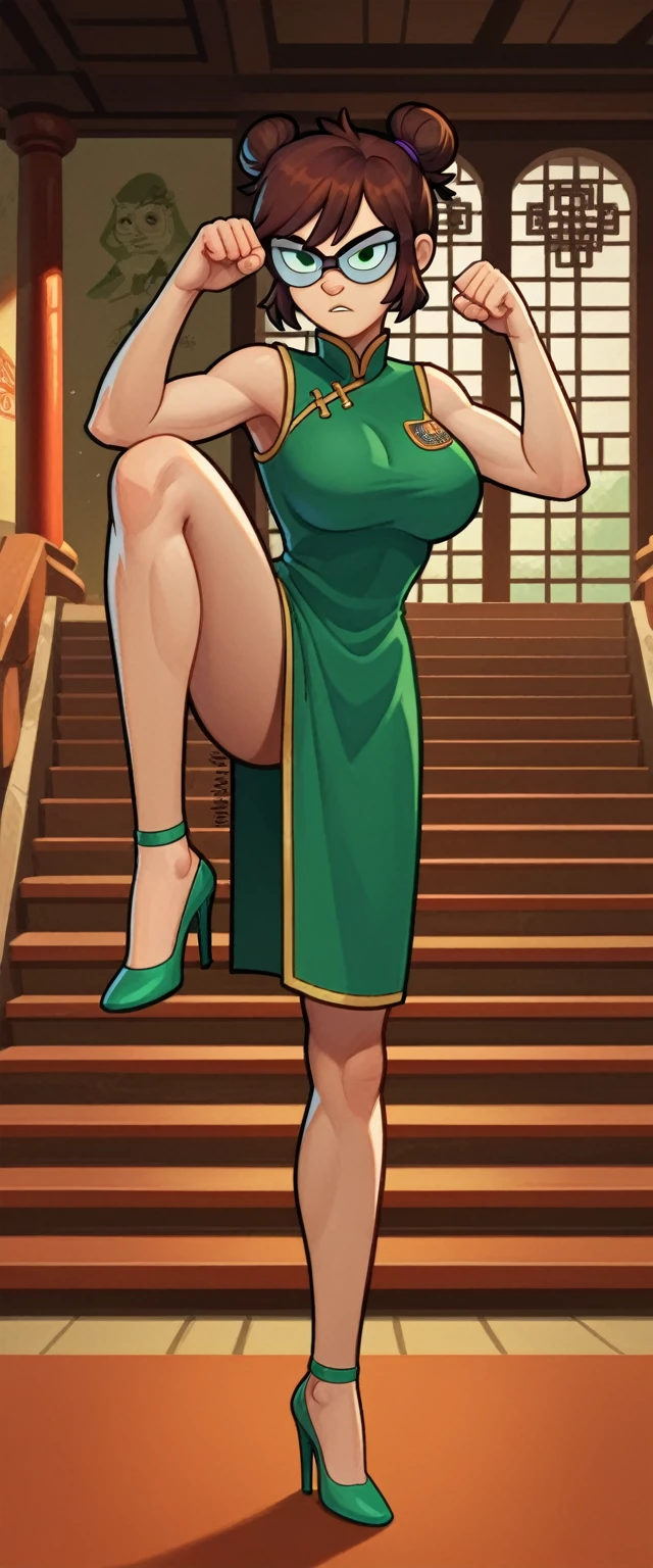 lisa loud, 1girl, solo, 24yo girl, large breasts, green cheongsam,  inside of a chinese temple, looking at viewer, brown hair, glasses, two hair buns , hands  score_9, score_8_up, score_7_up, high heels, teep fighting stance,martial arts, stairs behind her, guarding the stairs