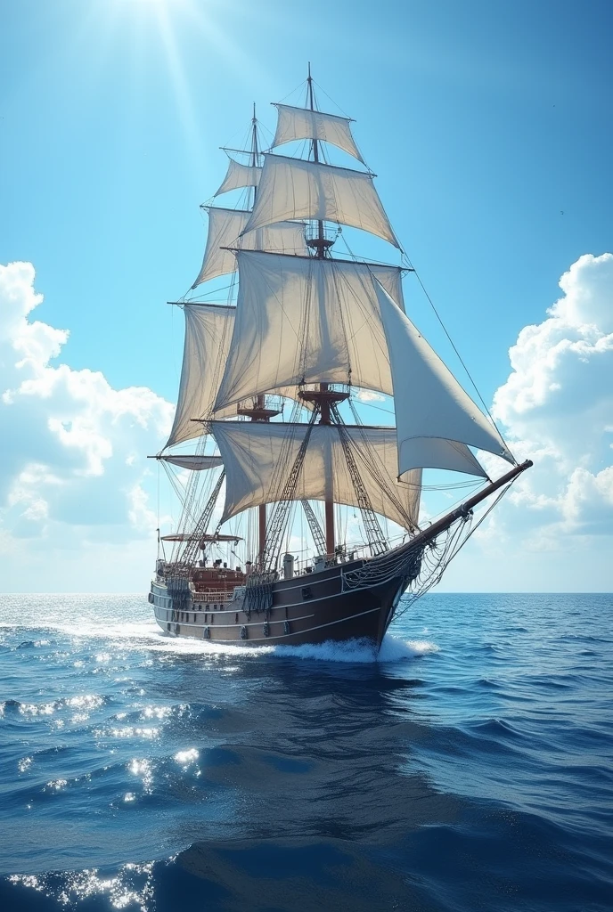 arafed sailboat in the ocean with a blue sky in the background, sea cloud, white sea cloud, sailing ship, ships with sails, sailing ships, ship at sea, sails, ships with sails underneath, titanic sails near, one piece ship sailing, sails and masts and rigging, maritime, sail, ship, torn sails, inspiring, sea, on ship,((Anatomically correct,Surrealism, uhd, retina, accurate, anatomically correct, textured skin, super detail, high details, best quality, 8k))