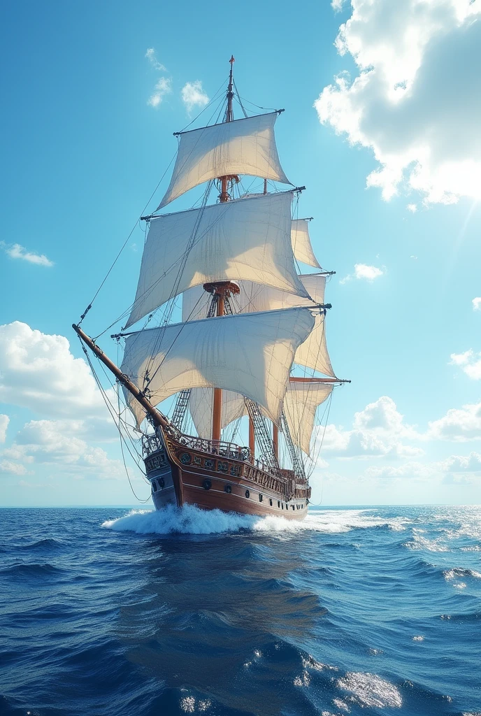 arafed sailboat in the ocean with a blue sky in the background, sea cloud, white sea cloud, sailing ship, ships with sails, sailing ships, ship at sea, sails, ships with sails underneath, titanic sails near, one piece ship sailing, sails and masts and rigging, maritime, sail, ship, torn sails, inspiring, sea, on ship,((Anatomically correct,Surrealism, uhd, retina, accurate, anatomically correct, textured skin, super detail, high details, best quality, 8k))