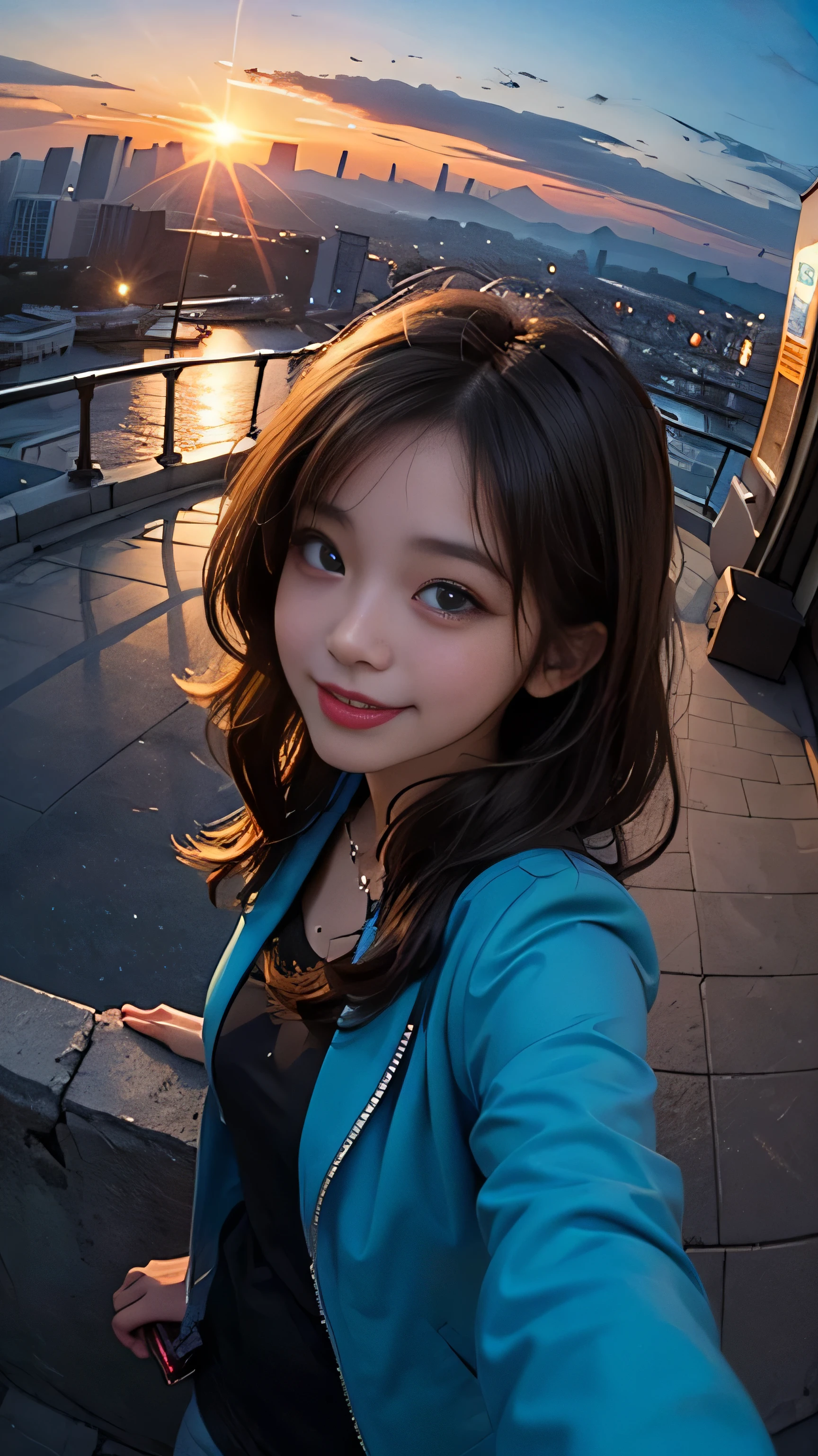 One girl, Korean, Fisheye Lens, Selfie, Wind, Messy Hair, sunset, Cityscape, (Aesthetics and atmosphere:1.2),smile