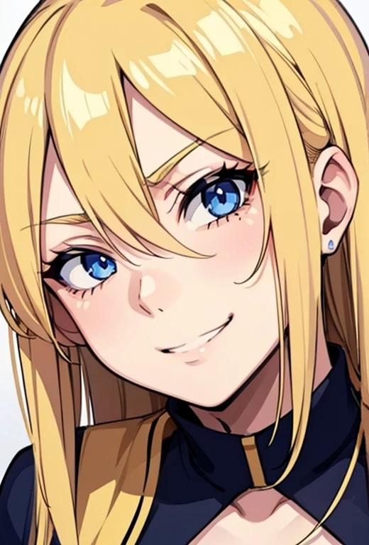 1 girl, blonde hair and blue eyes, arrogant expression on her face, smug smile.