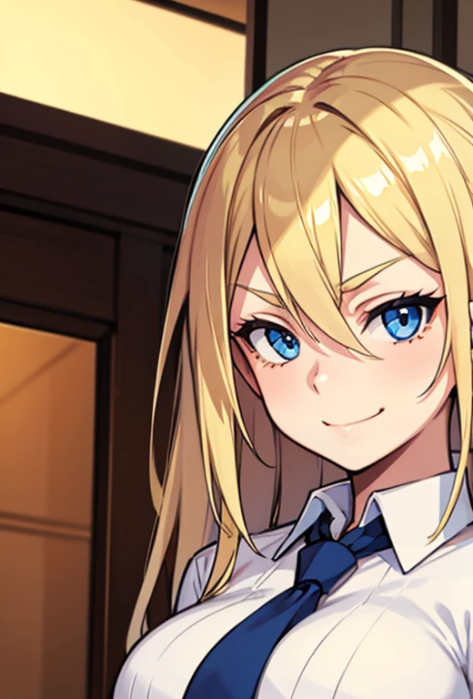 (rebecca_bluegarden), 1girl, blonde hair, best quality, ultra detailed, solo, blue eyes, bangs, medium breasts, white shirt, necktie, stare, smile, (happy), looking at viewer, (interview:1.3), desk, sunset, warm lighting, large window