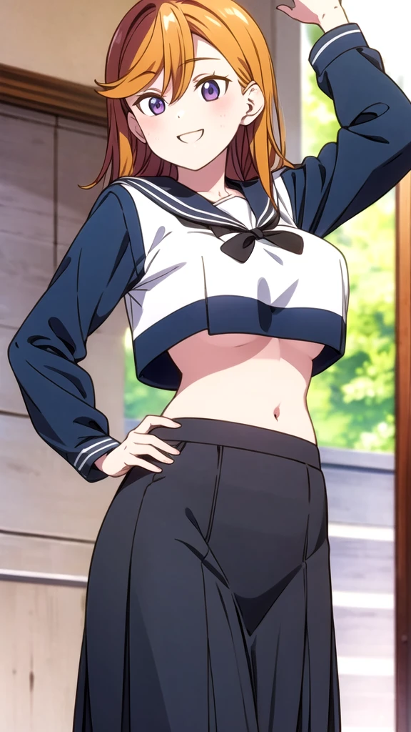 beauty　smile　Embarrassing　blush　Big Breasts　Underboob　Black Sailor Suit　Long skirt　belly button　stand　Proudly　In town