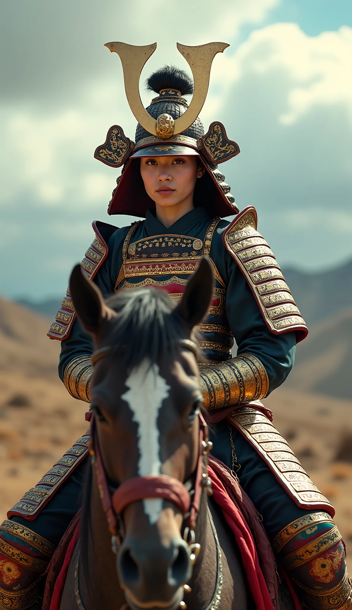 beautiful lady samurai in intricate full armor, poised on a majestic horse, desolate landscape stretching behind, dramatic clouds overhead, sharp focus on armor details, rich colors in high-resolution; shot with 85mm lens, shallow depth of field; 8k resolution, cinematic lighting, professional photography, hyper-realistic, captivating composition