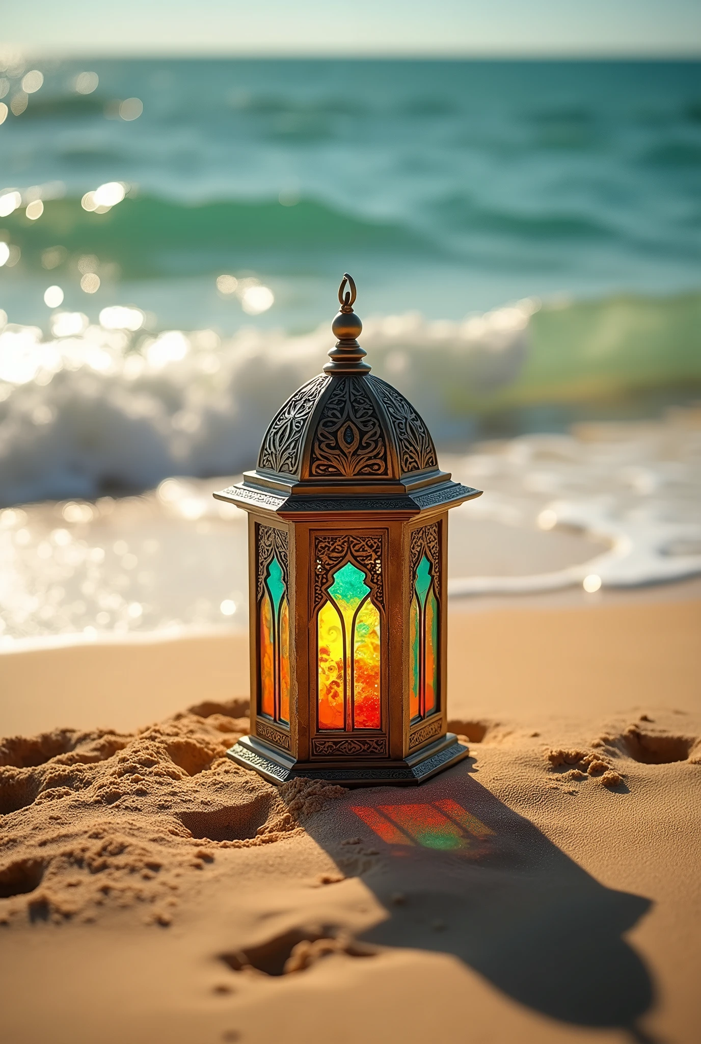 an islamic lamp on beach summer ,style raw