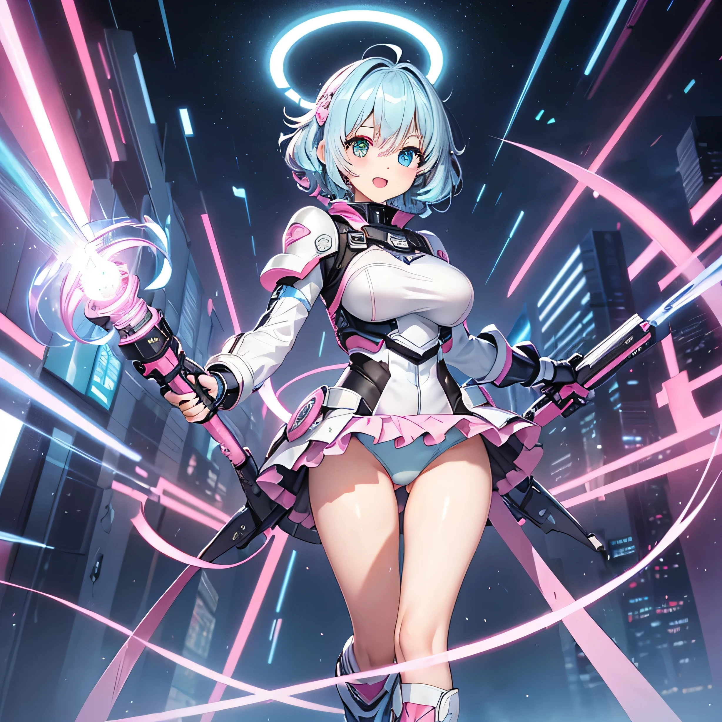 (heterochromia:1.3), 1 girl、(solo:1.3), cyber、cyber suits、、Light blue hair、Curly hair、Short Hair、(Light blue right eye:1.5)、(Pink left eye:1.5)、smile、Flushing、Open Mouth、leotard、mini skirt、Gauntlet、boots、Exposed legs、cute、cute、fine、Highest quality、high resolution, armor, cyber armor, Thunder, beam, ray, view of viewer, headgear, visor, (thin legs:1.3), slender, large breasts,