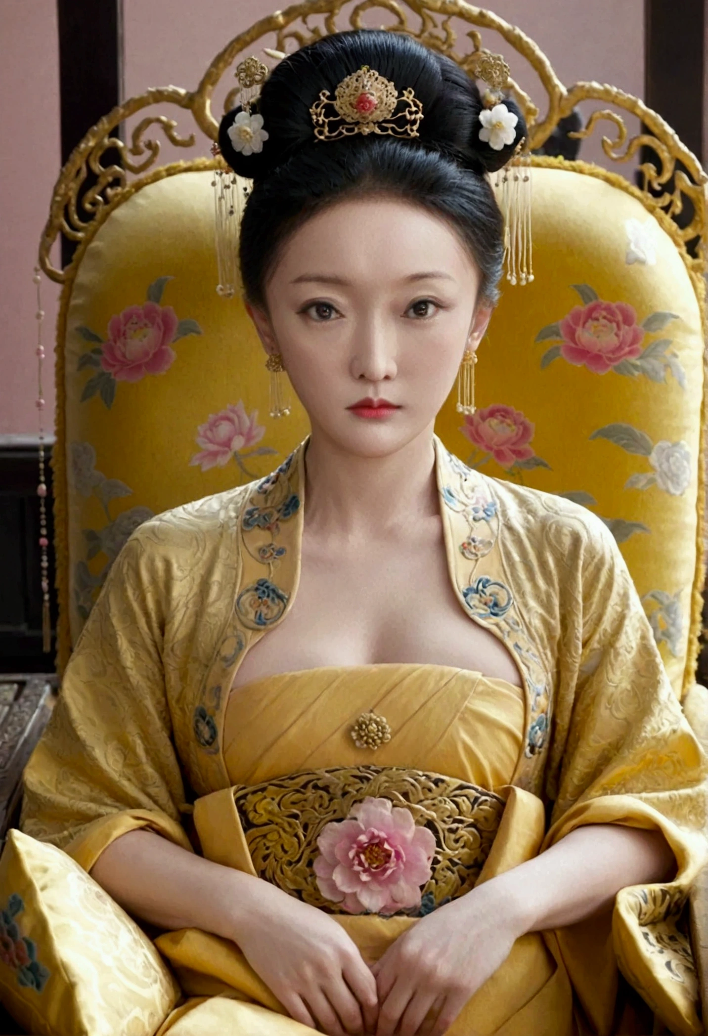 Qing Dynasty 30 year old face sits naked on a large golden sofa from the front of a woman naked,　
Her whole body is visible.
She is looking straight ahead. Her breasts are large, her hair is tightly tied up, and she wears a hairpin and flowers. The background and location is the Empress of China. The story takes place in the luxurious room of an empress in the Chinese court during the Qing Dynasty.