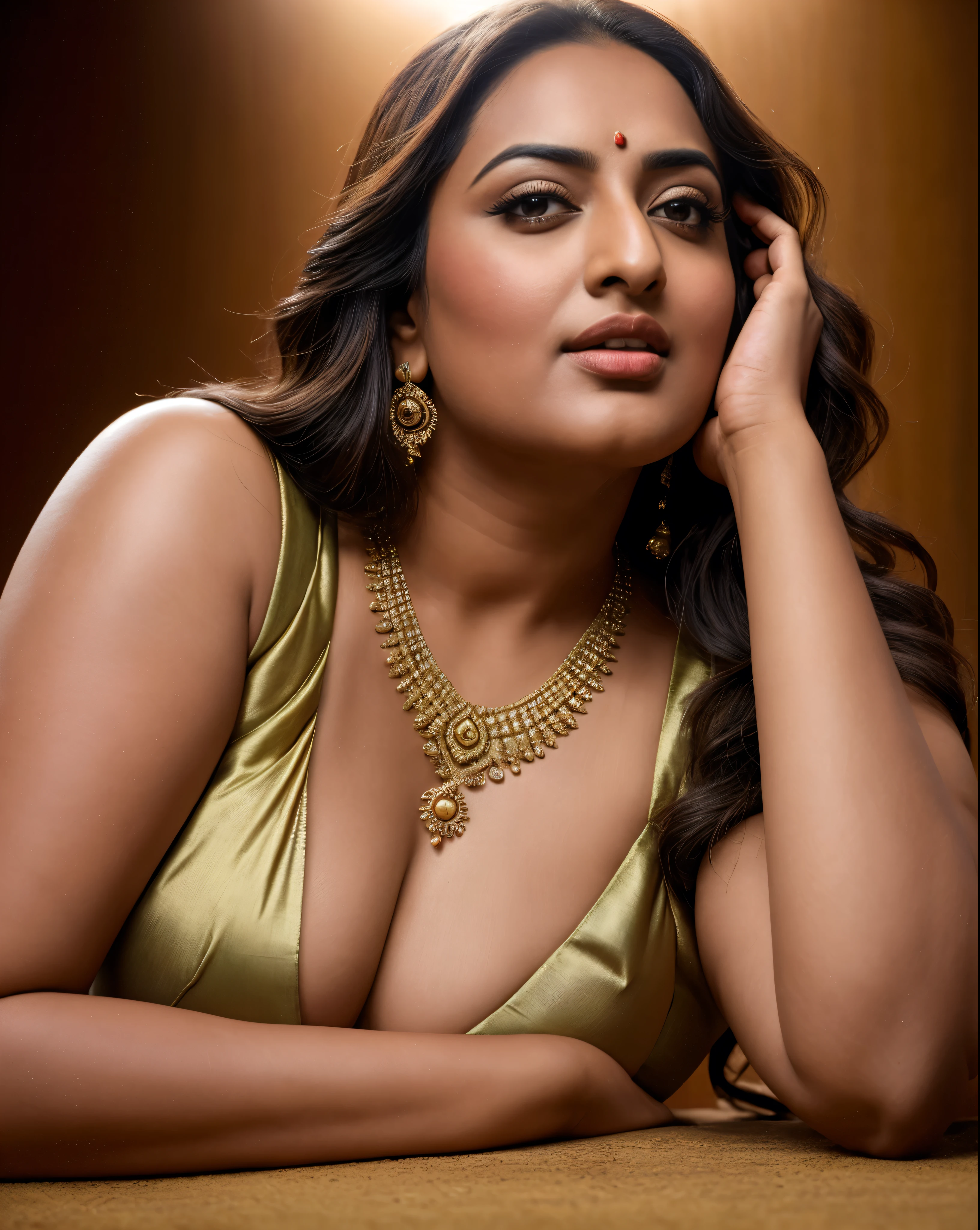Foto RAW, photorealistic, photography, full body shot, master shot, perfect eyes, goddess like beauty, pierced eyes, curvy, perfect thick chubby mallu Desi aunty bhabhi, bridal photography, wedding photoshoot, Wearing a Stanapatta, a chest-band.Saree model, model Photography, Indian saree shoot, Indian traditional wear advertising photography, traditional wear brand shoot, face of Indian actress Sonakshi Sinha, masterpiece, realistic, realism, incredible details, pleasure, photorealism, detailed skin, skin pores, high contrast, photorealistic Artstation 8k HD digital art trend of high definition and detailed realistic skin texture, ultra detail, realistic skin texture, armature, best quality, ultra high definition, (photorealistic:1.4),, high resolution, detail, raw photo, sweat, Re sharp, by Lee Jefferies Nikon D850 Film Stock Photo 4 Kodak Portra 400 Camera F1.6 Lens Rich Color Ultra Real Realistic Realistic Textures Dramatic Lighting Unreal Engine Trending at Art Station Cinestill 800,(pele altamente detalhada: 1.2), 8k UHD, DSLR, soft-lighting, alta qualidade, grain of film, Fujifilm XT3,she didn't like to wear blouse or bra, she is happy to wear only saree, sexy navel folds, fleshy figure, she hates blouse or bra, detailed hairy armpits, hyper realistic skin, skin pores, sweat, veins,