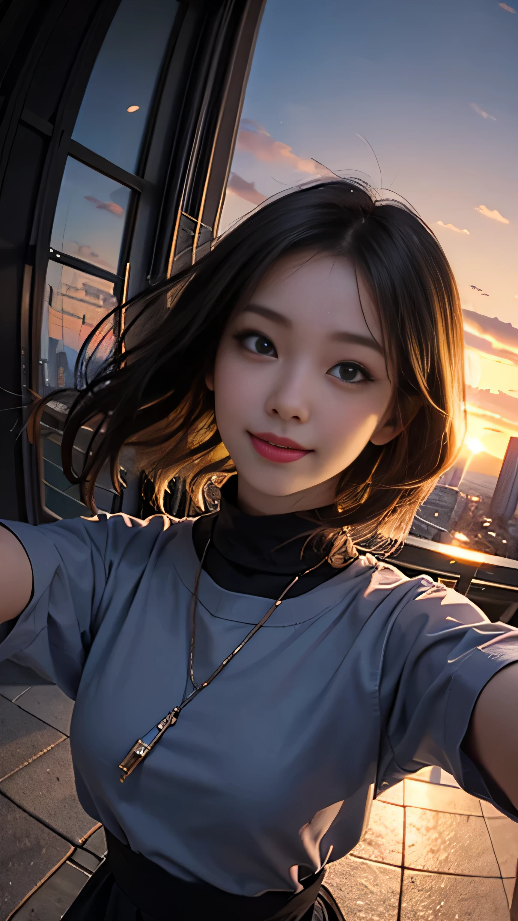 One girl, Korean, Fisheye Lens, Selfie, Wind, Messy Hair, sunset, Cityscape, (Aesthetics and atmosphere:1.2),smile