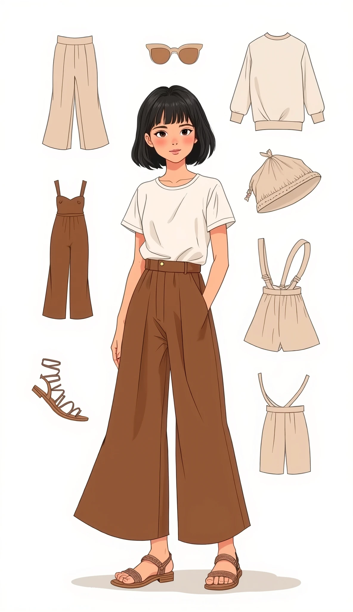 Costume design drawing, a girl, on a white background, wearing a white T-shirt, brown wide-leg pants, white shoes, in the picture disassembled model's costume
