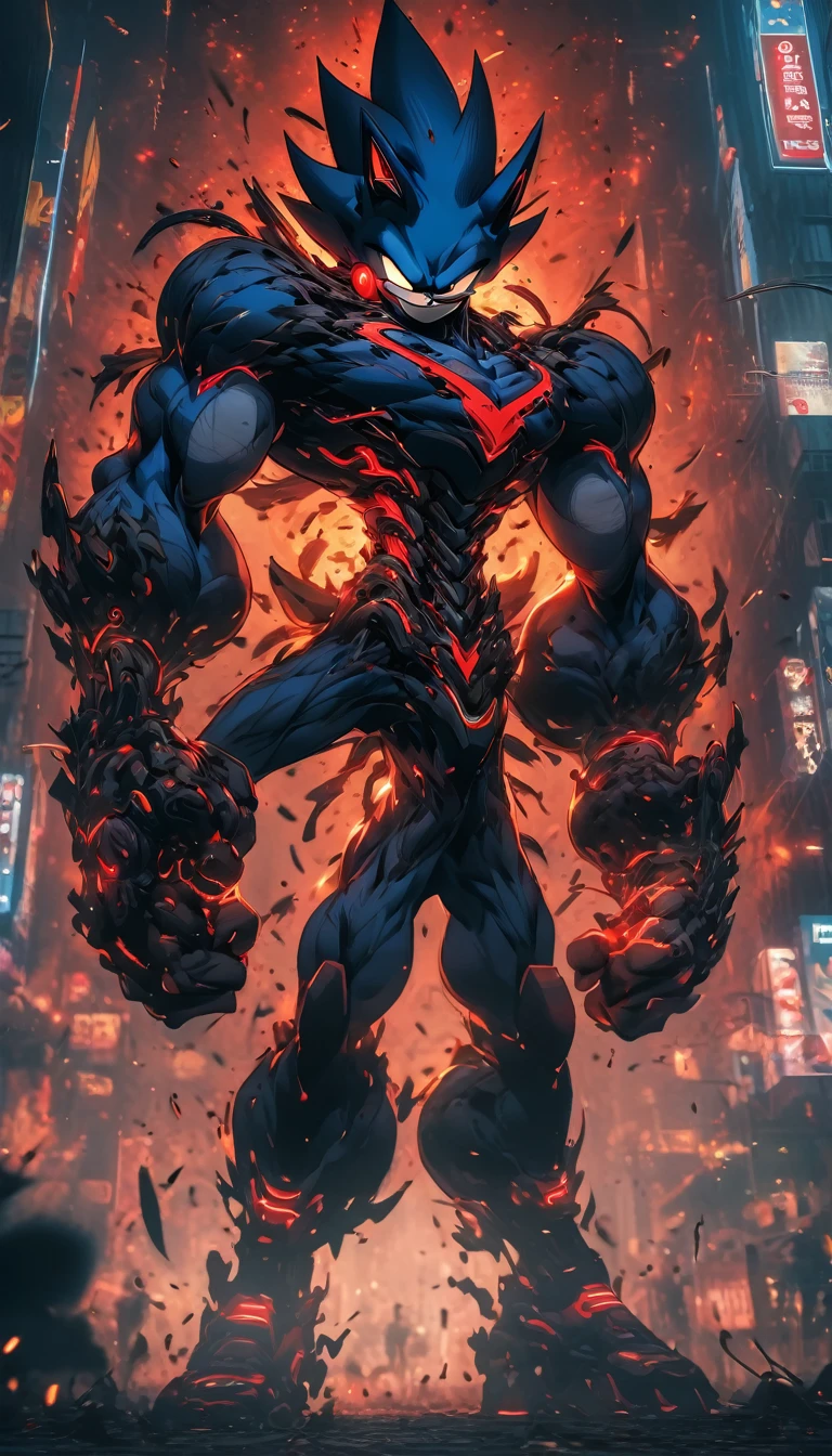 Black Red Metal Sonic, attack, Wide shot from the ground, Symmetric, Bright red eyes, Bokeh, Cyberpunk Wasteland, Neonstadt, Surrealist, 4K, Nano Suite, Award-winning, background, Muscular legs , Muscular arms, Muscular upper body, Muscular Abs , Muscular shoulders,
Huge muscles