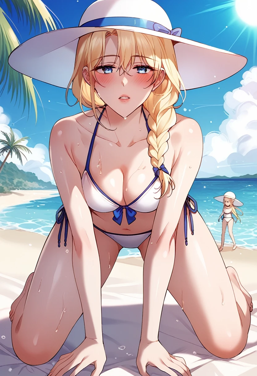 1 girl, detailed blue eyes, lange wimpern, detailed beautiful face, (Long blonde hair:1.4), festgebunden, (arms behind back:1.6), gefesselte Arme, blushing, (Big boobs:1.1), White Bikini, White crop top, OTN, Gag, gagged, shibari, tied Gag, at a beach, sitting, Viewer from behind