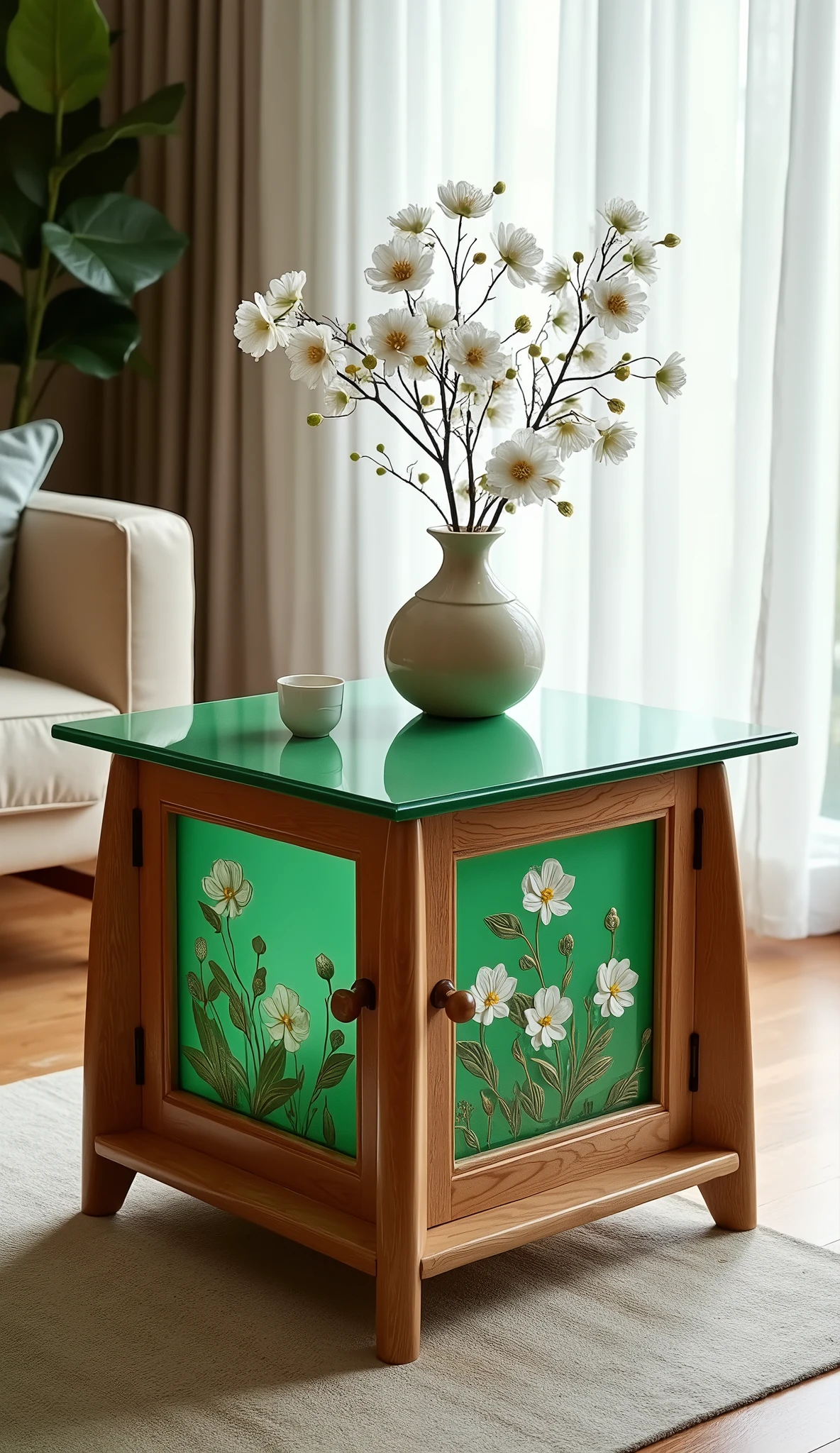 A glass side table with wood legs, square shaped and two doors that have carved camellias designs on them. The top of the table is a flat green colored glass.