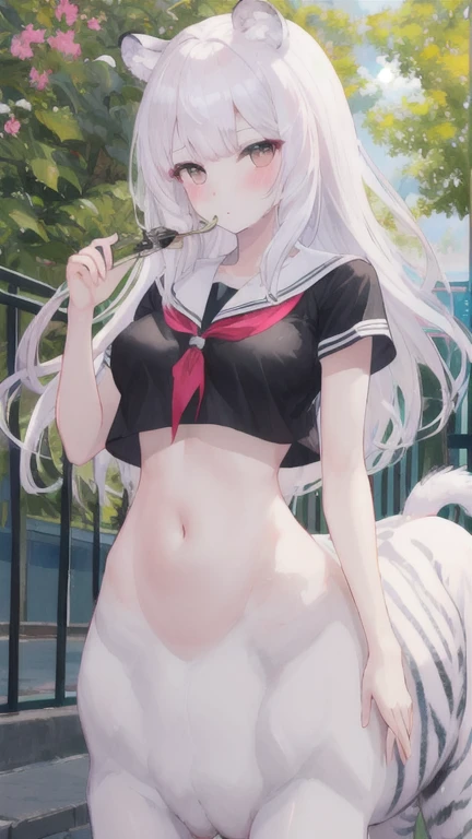 (best quality, masterpiece), 1 girl, centaur, I beg, White skin, Korean schoolgirl,daughter,black pink, exposing the abdomen, belly on t-shirt , , beautiful girl perfect, White tiger photo, 완벽한 White tiger photo