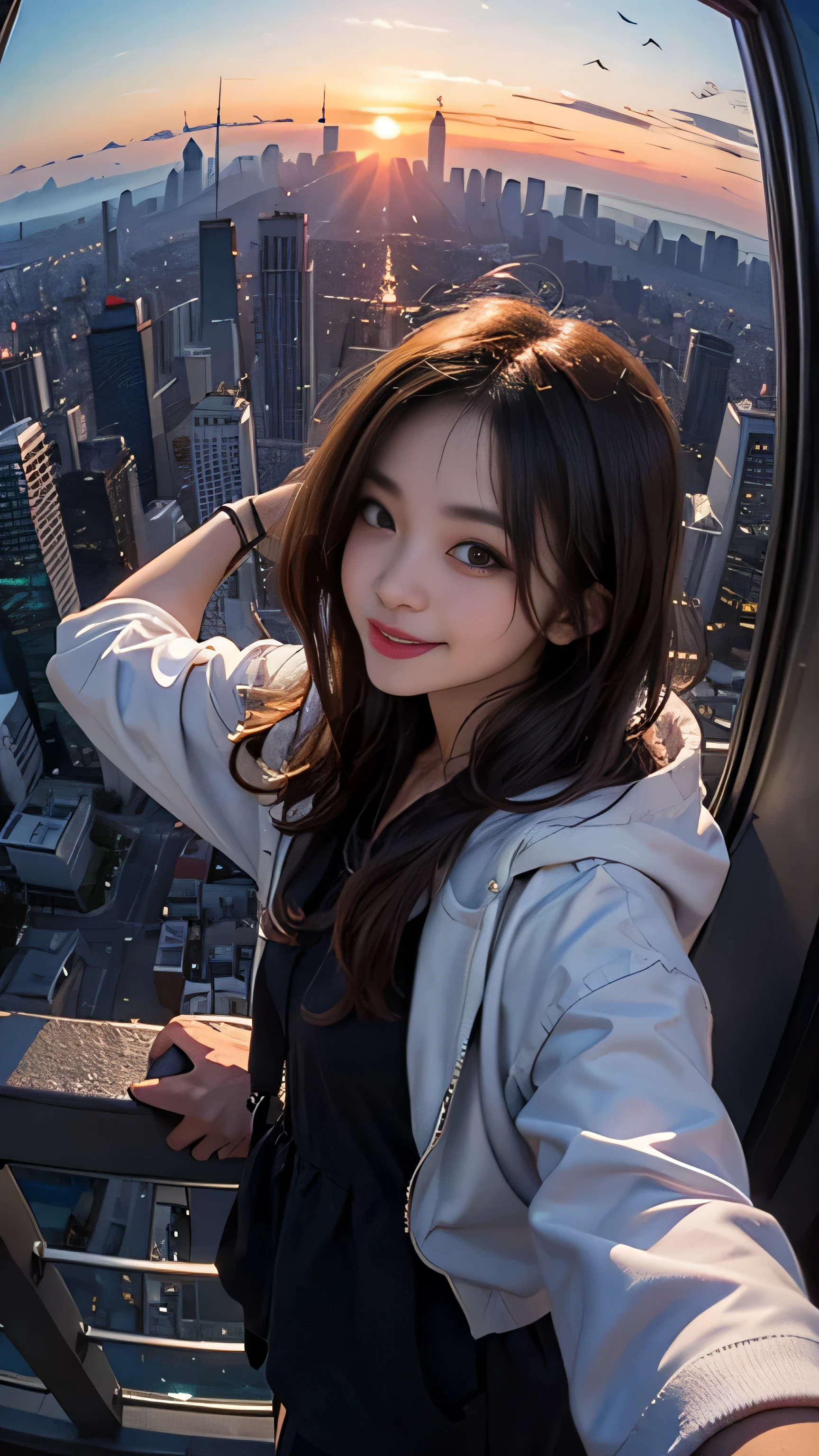One girl, Korean, Fisheye Lens, Selfie, Wind, Messy Hair, sunset, Cityscape, (Aesthetics and atmosphere:1.2),smile