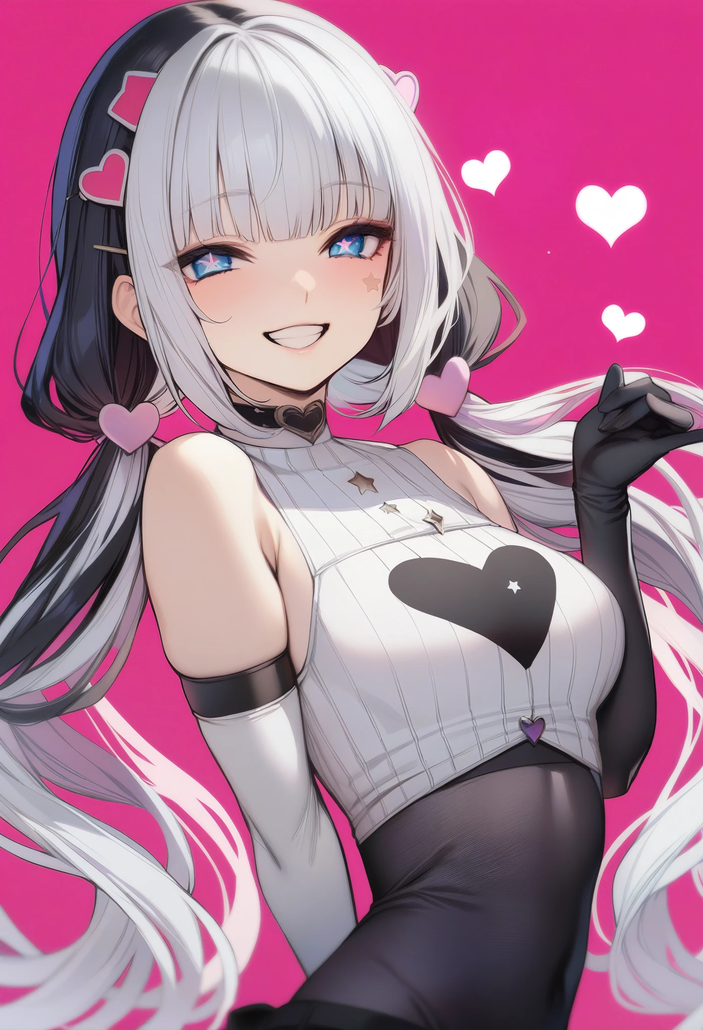 masterpiece, best quality, 1girl, solo, heart, smile, black gloves, hair ornament, gloves, grin, low twintails, twintails, white hair, long hair, bare shoulders, multicolored hair, bangs, blue eyes, facial mark, looking at viewer, upper body, black hair, crop top, heart hair ornament, jewelry, sleeveless, single glove, pink background, symbol-shaped pupils, white shirt, shirt, very long hair, bracelet, elbow gloves, sleeveless shirt, two-tone hair, blunt bangs, star \(symbol\), teeth