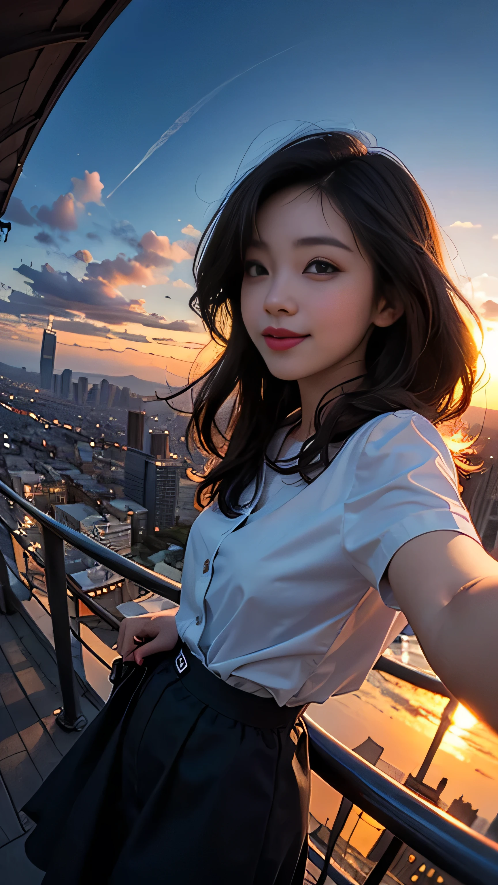 One girl, Korean, Fisheye Lens, Selfie, Wind, Messy Hair, sunset, Cityscape, (Aesthetics and atmosphere:1.2),smile