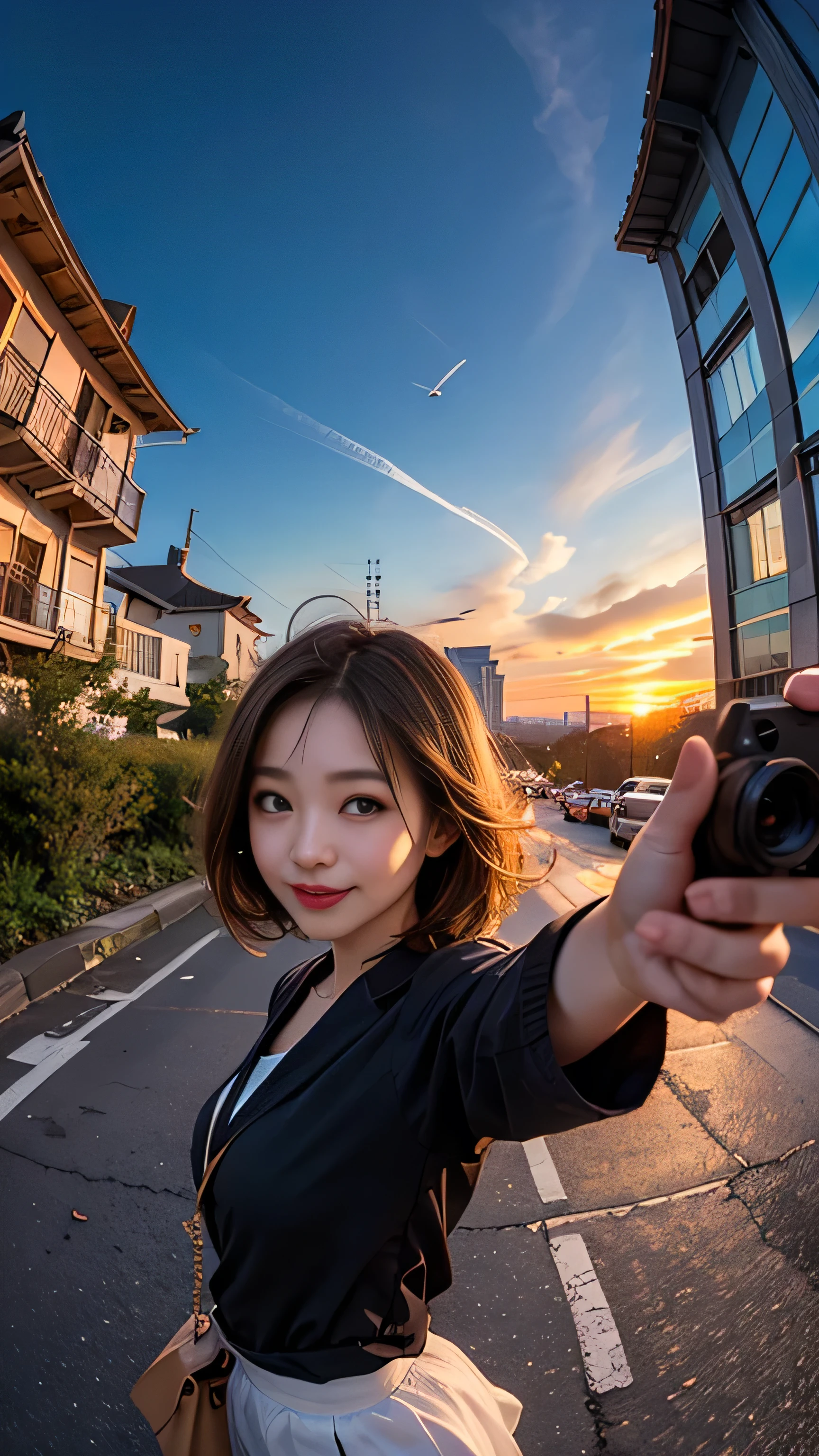 One girl, Korean, Fisheye Lens, Selfie, Wind, Messy Hair, sunset, Cityscape, (Aesthetics and atmosphere:1.2),smile