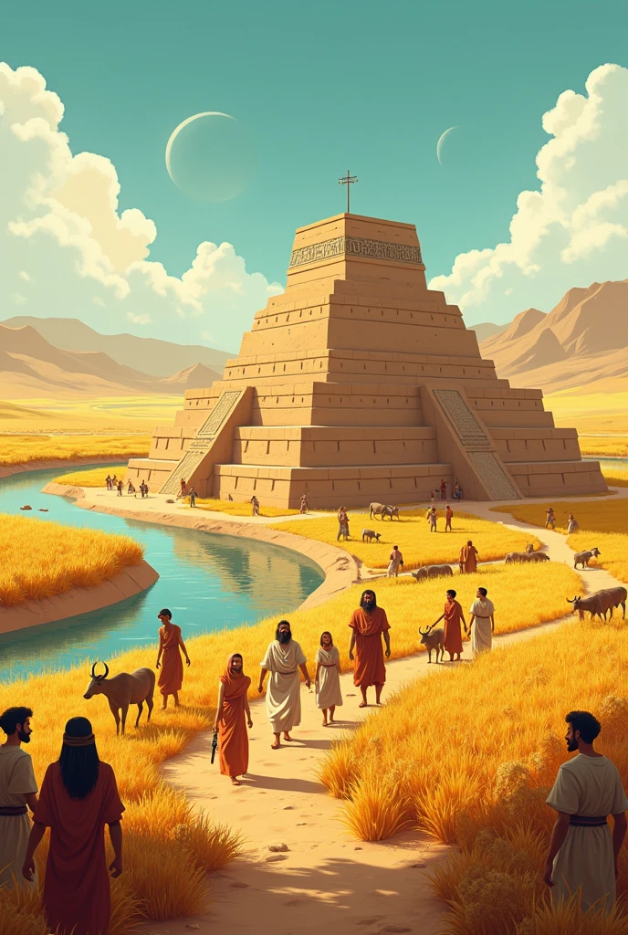 Make a 2D simple poster painting about the 1st civilization 