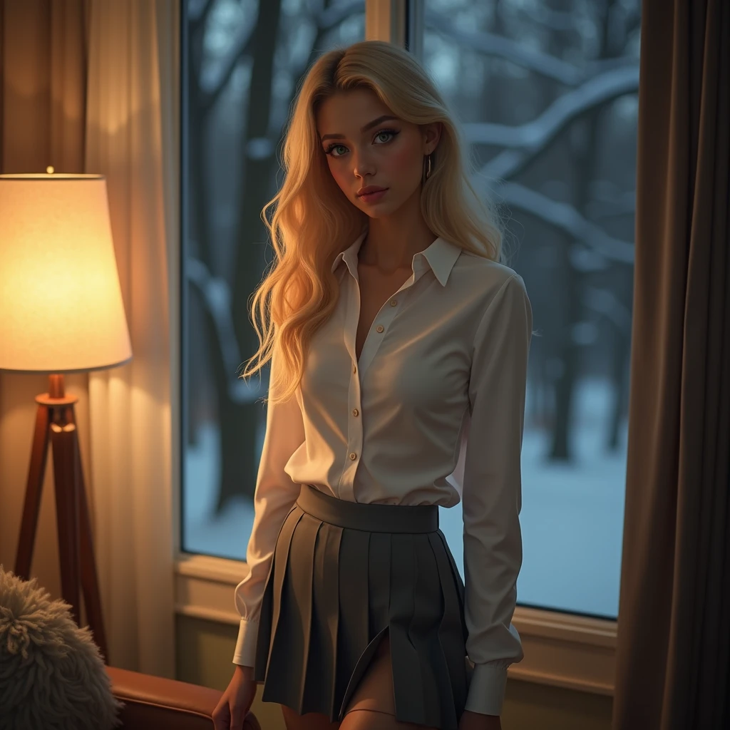 1 girl,medium , b cup breast, Warm lights、It looks cold outside the windowhe looks like japaneese and african ,almond-shaped eyes, full lips, big eyes, full lips, almond-shaped eyes, full lips, and prominent cheekbones, slim waist, fit body, wearing collared white tight shirt and pleated grey miniskirt, wavy long blonde hair, long blond cut hair, symmetrical green eyes, symmetrical face, photorealistic, photography, path tracing, specular lighting, volumetric face light, path traced hairmaximum quality{(masutepiece) (8K High Resolution) (top-quality) , woman in a dreamy forest at night, with fluffy hair, delicate face, realistic, real, slim, large aperture, sexy shots, attractive poses, Instagram model, wearing white yoga pants and gray top, tight yoga pants, long pants, cropped shirt, open navel, short sleeves, tight shirt, gray top, facing to the audience