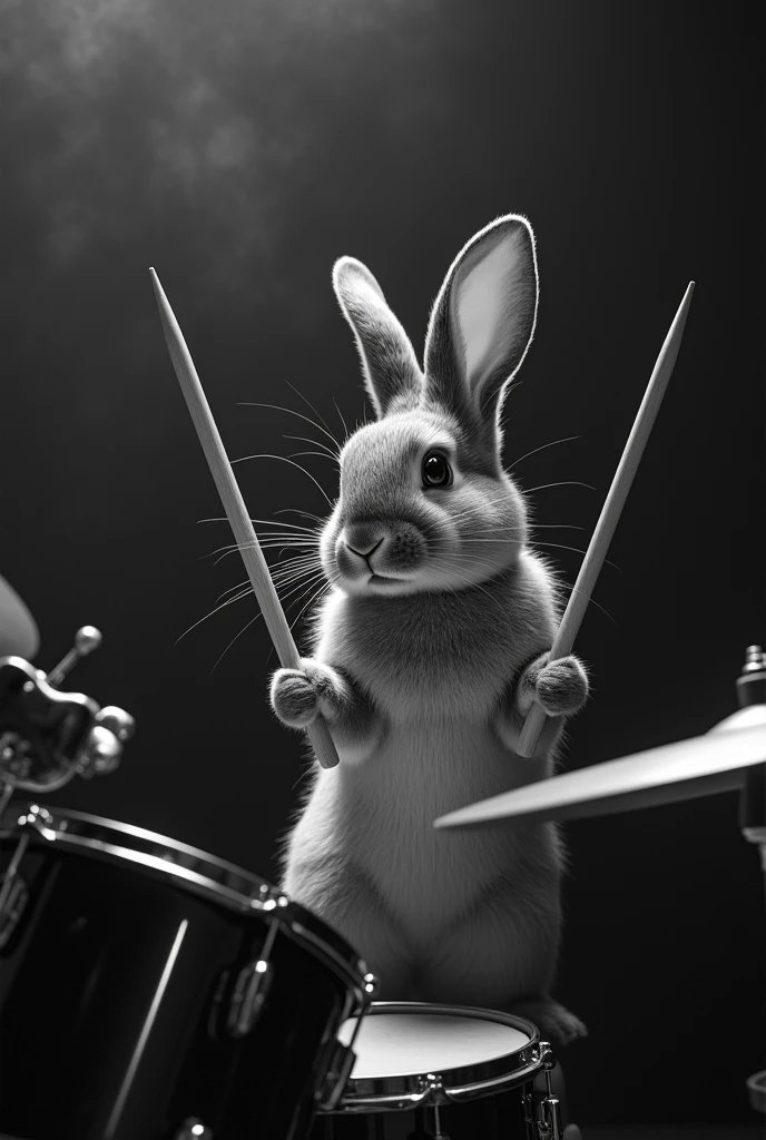 Photo réaliste en et blanc d'un lapin très réaliste qui joue de la batterie