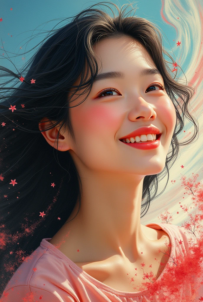 Visually captivating artwork, (with skillful use of color, composition, and light.) Innovative artwork, showcasing unique and imaginative concepts. (korean woman smile), (hyperrealism), (high-detailed) Emotionally resonant artwork, effectively conveying a narrative. Momentum-aligned artwork, reflecting a sense of movement and progress. Skillfully crafted artwork, demonstrating meticulous detail and technique