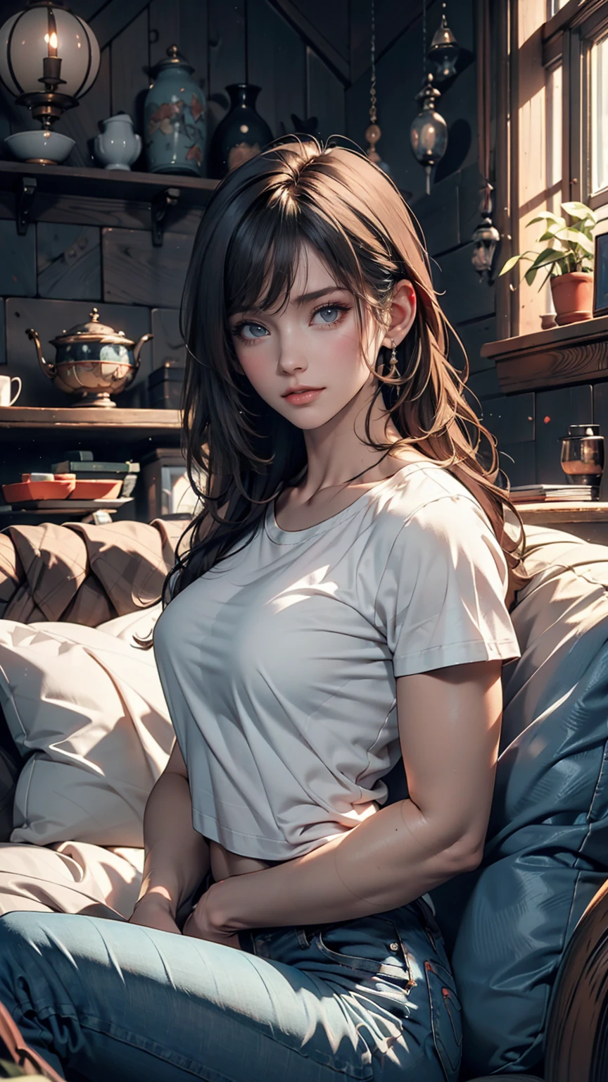 One person,alone,Highest quality, masterpiece, 8k,born photograph, photograph (object), Very detailed, born,Realistic,Sitting, View your viewers,jeans,White T-shirt,Long Hair,Black Hair, sofa,