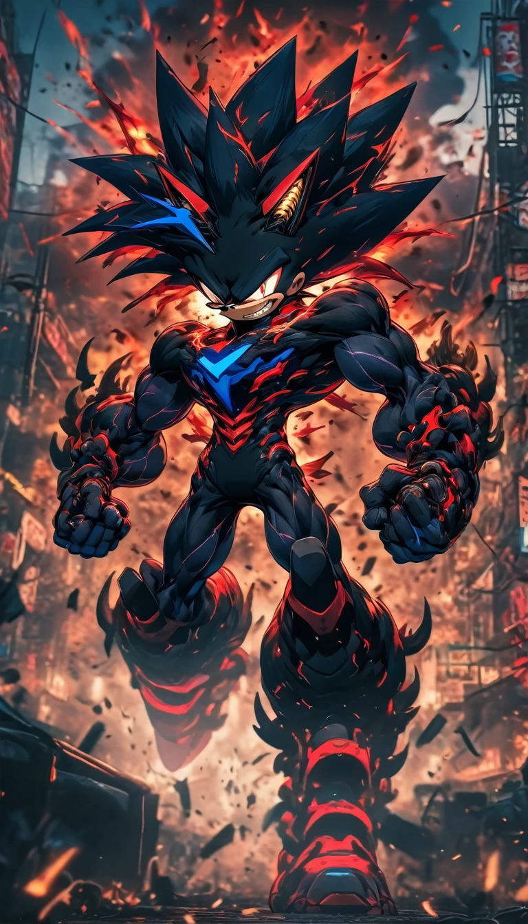 Black Red Metal Sonic, attack, Wide shot from the ground, Symmetric, Bright red eyes, Bokeh, Cyberpunk Wasteland, Neonstadt, Surrealist, 4K, Nano Suite, Award-winning, background, Muscular legs , Muscular arms, Muscular upper body, Muscular Abs , Muscular shoulders,
Huge muscles,Muscular penis