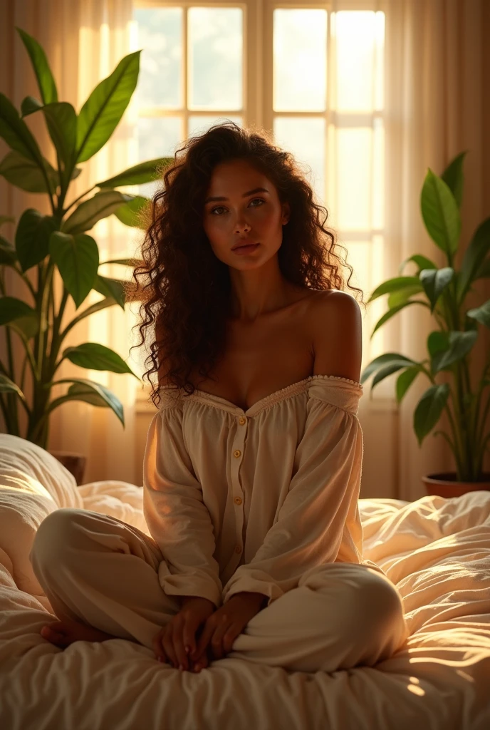 (photorealism:1.2), beautiful woman, sitting on bed, wearing loose off-shoulder top, pajama pants, long curly hair, indoors, soft lighting, plants in background, window with sunlight, cozy room, relaxed pose, realistic, intricate details, warm colors, by Greg Rutkowski, by Alphonse Mucha