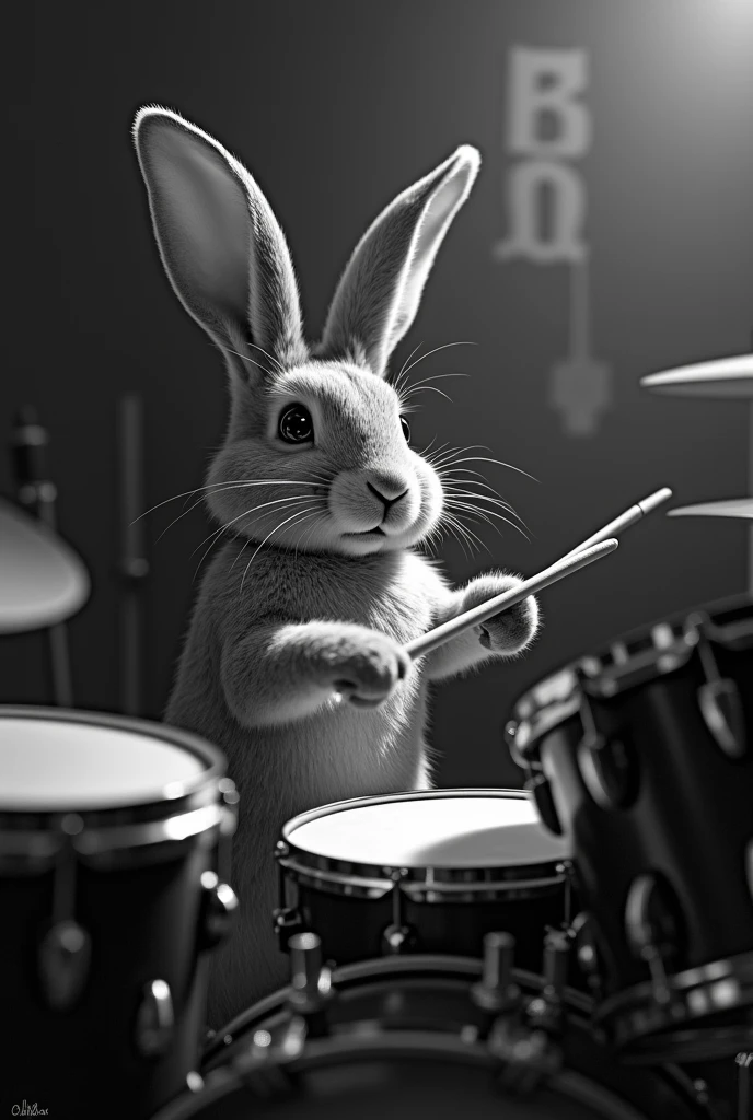 Photo réaliste en noir et blanc d'un lapin très réaliste qui joue de la batterie