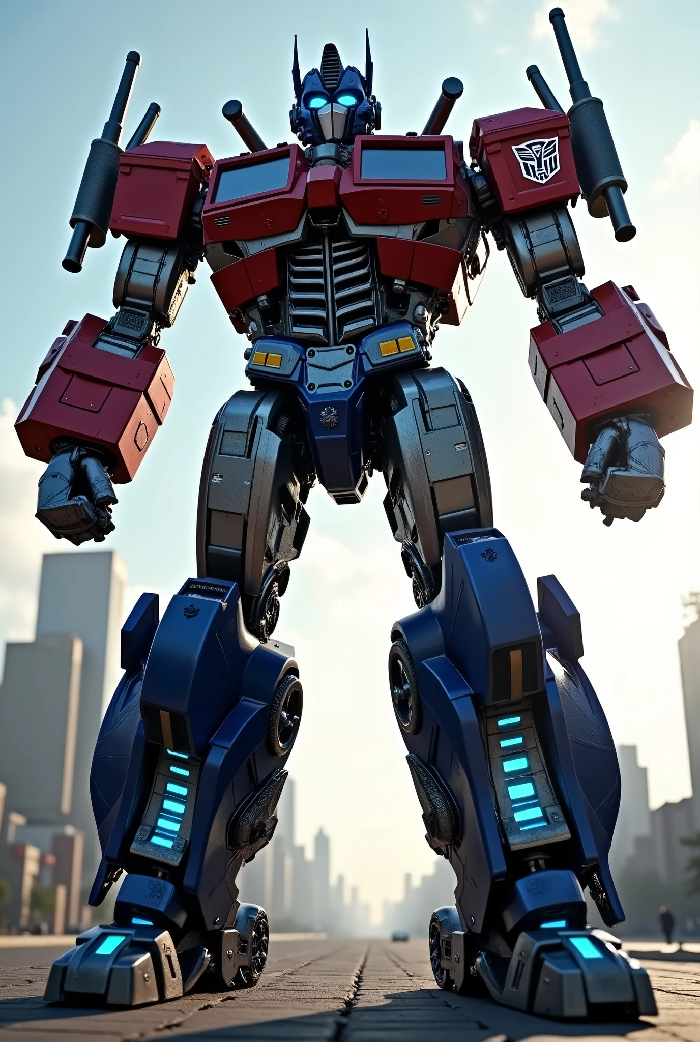 a mecha robot, Optimus Prime, transforming into a massive titan-sized robot, highly detailed, photorealistic, 8k, masterpiece, complex machinery, glowing blue energy, metallic textures, gleaming chrome, powerful thrusters, sweeping dynamic poses, dramatic lighting, cinematic atmosphere, epic scale, futuristic sci-fi, intricate gears and pistons, advanced technology, transforming components, glossy paint, weathered battle-damaged details, intricate mechanical design