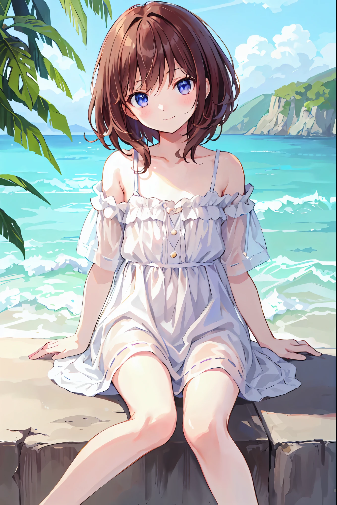 masterpiece, best quality, 1 girl, from side, beach umbrella, white dress, long dress, floral print, hair flower, sitting,