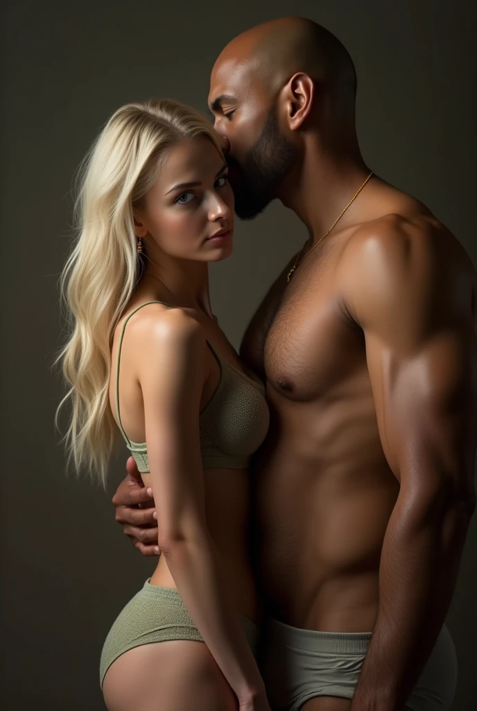(masterpiece, Highest quality:1.1), (ultra detailed 8k), (hyperRealistic:1.3), (PhotoRealistic:1.4), (Realistic:1.4), realistic texture, [medium Shot], (Soft lighting), (Indian man kissing a girl), Girl:1 beautiful girl, Norwegian, extremely detailed face, 18 years old, blonde hair, light blue eyes, pale white skin, Attire: Lingerie, (Big Breasts:1.2), slim waist, Man:(Indian, huge, overweight, unattractive, bald, brown skin, Attire: men's underwear), (standing upright,looking into the camera), girl emotions:(smiling slyly:1.5), man emotions:(serious:1.5, smirking),(dramatic angle, portrait:1.5)