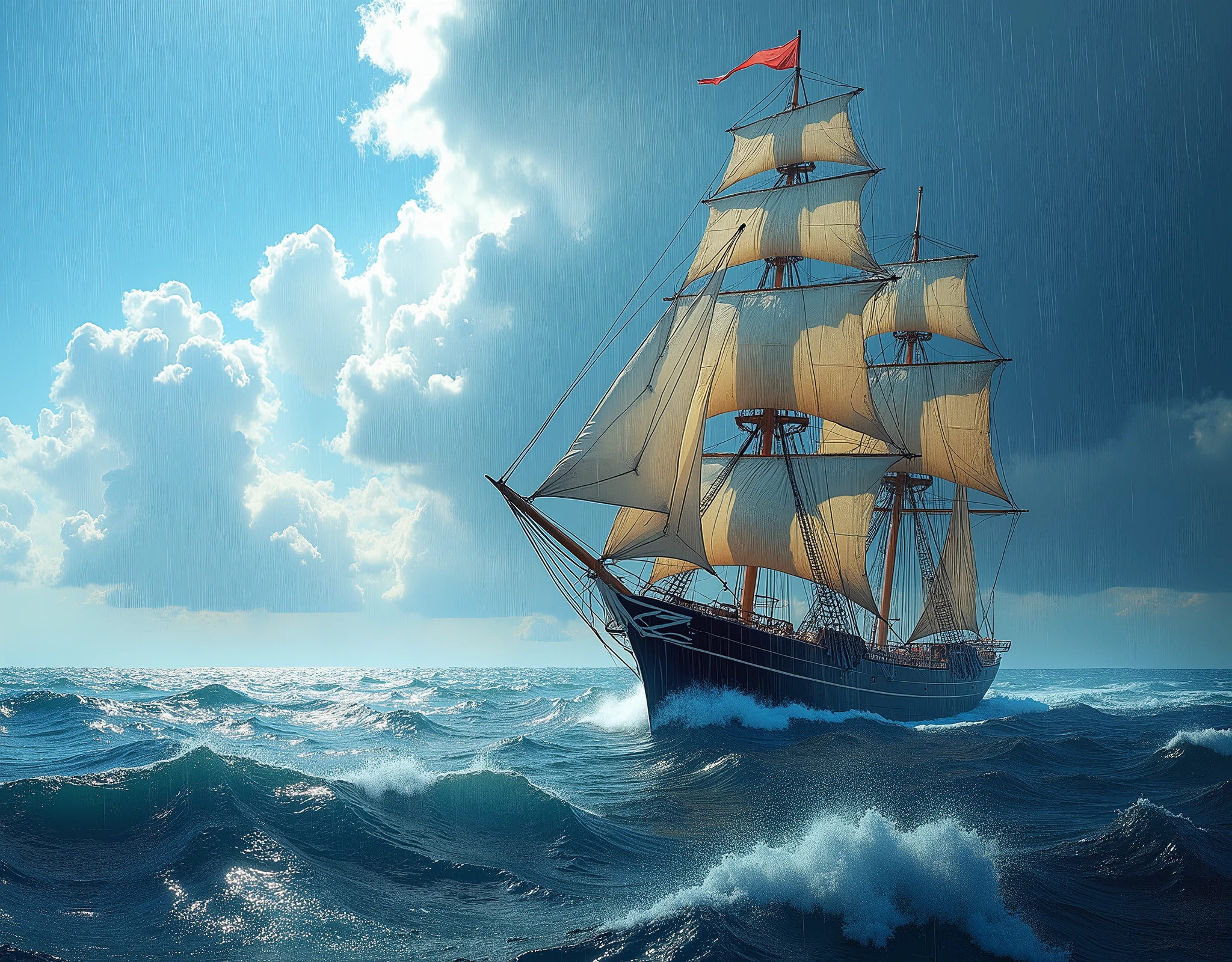 rain, arafed sailboat in the ocean with a blue sky in the background, sea cloud, white sea cloud, sailing ship, ships with sails, sailing ships, ship at sea, sails, ships with sails underneath, titanic sails near, one piece ship sailing, sails and masts and rigging, maritime, sail, ship, torn sails, inspiring, sea, on ship,((Anatomically correct,Surrealism, uhd, retina, accurate, anatomically correct, textured skin, super detail, high details, best quality, 8k))