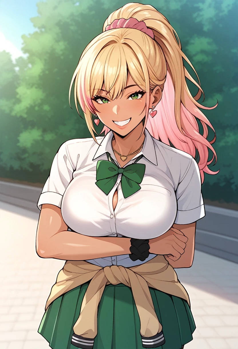 score_9, score_8_up, score_7_up, source_anime, ((m18+)), 1girl, solo, long hair, blonde hair, pink hair, multicolored hair, hair ornament, ponytail, green eyes, large breasts, bracelet, scrunchie, wrist scrunchie, gyaru, smile, looking at view, school uniform, white skirt, short sleeves, green bowtie, green skirt, pleated skirt, necklace, heart, clothes around waist, earrings, outdoors, standing