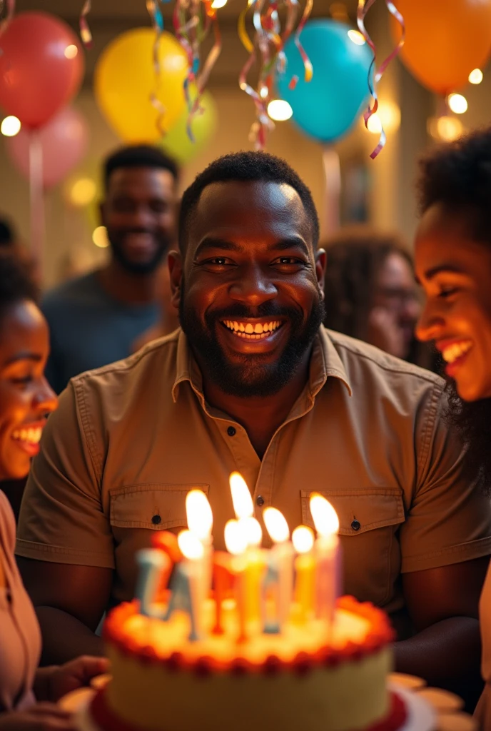 a Black man, fat man blowing out candles on his birthday 
