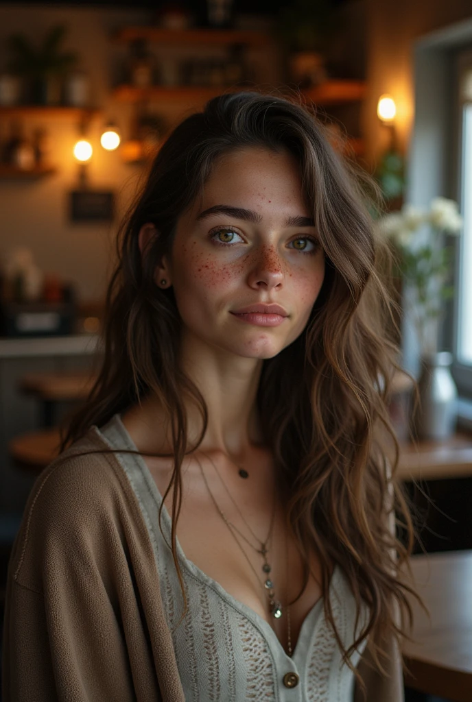 Realistic 20 year old ugly girl with tired eyes, pointed nose, Wavy brown hair and freckles.