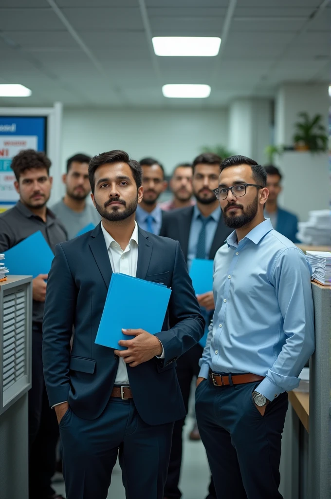 Mens are in line to pay blue book tax in a office