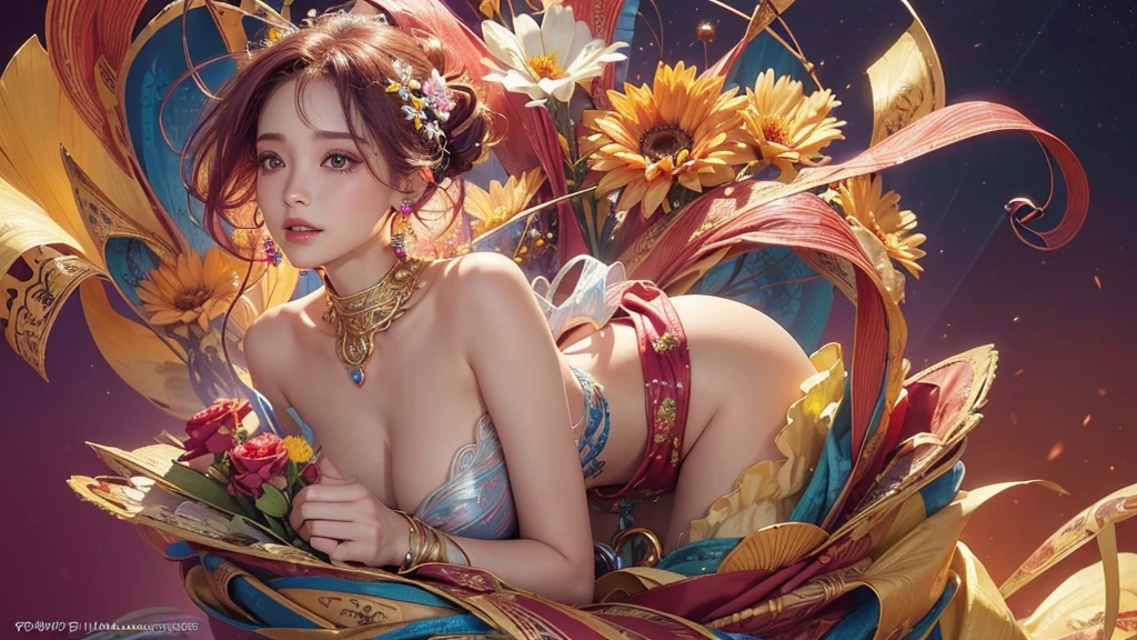 32K, 最高quality, 最高masterpiece, (ultra-Detailed Background, Detailed Background), High resolution, Super detailed, Very detailedな, 1 personの, (bouquet:1.3), (Tangled:1.2), (Geometric:1.2),(colorful),(masterpiece, quality, best quality, Official Art, Beautiful and beautiful:1.2), (1 person:1.3), Very detailed,(colorful:1.1)(Flowers:1.3),Most detailed,(Tangled:1.2), whole body, (Abstract background:1.3), (Skin glows), (Many colors:1.4), ,(Earrings Jewelry:1.5), Pale Red Background, It's imaginative., Milk tea colored hair, Updo,