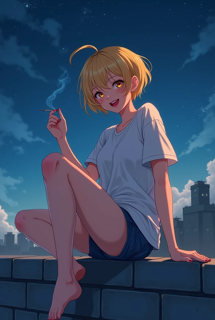 beautiful girl、anime、Highest quality、Blonde、barefoot、Oversized T-shirt、Super short shorts、Short hair、Big Breasts、Red lipstick on white skin、Japanese、smile、night、Plump body、Large Breasts、Sitting on a concrete block wall、I have a cigarette