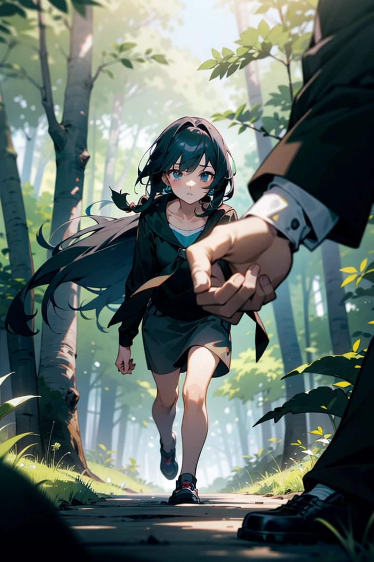 Half Body,Two-person interaction,A girl with long hair and a boy with short hair that reaches his ears are walking hand-in-hand through the forest.,Background forest,close-up, perspective, depth of field, アニメ, highres, super detail, anatomically correct, masterpiece