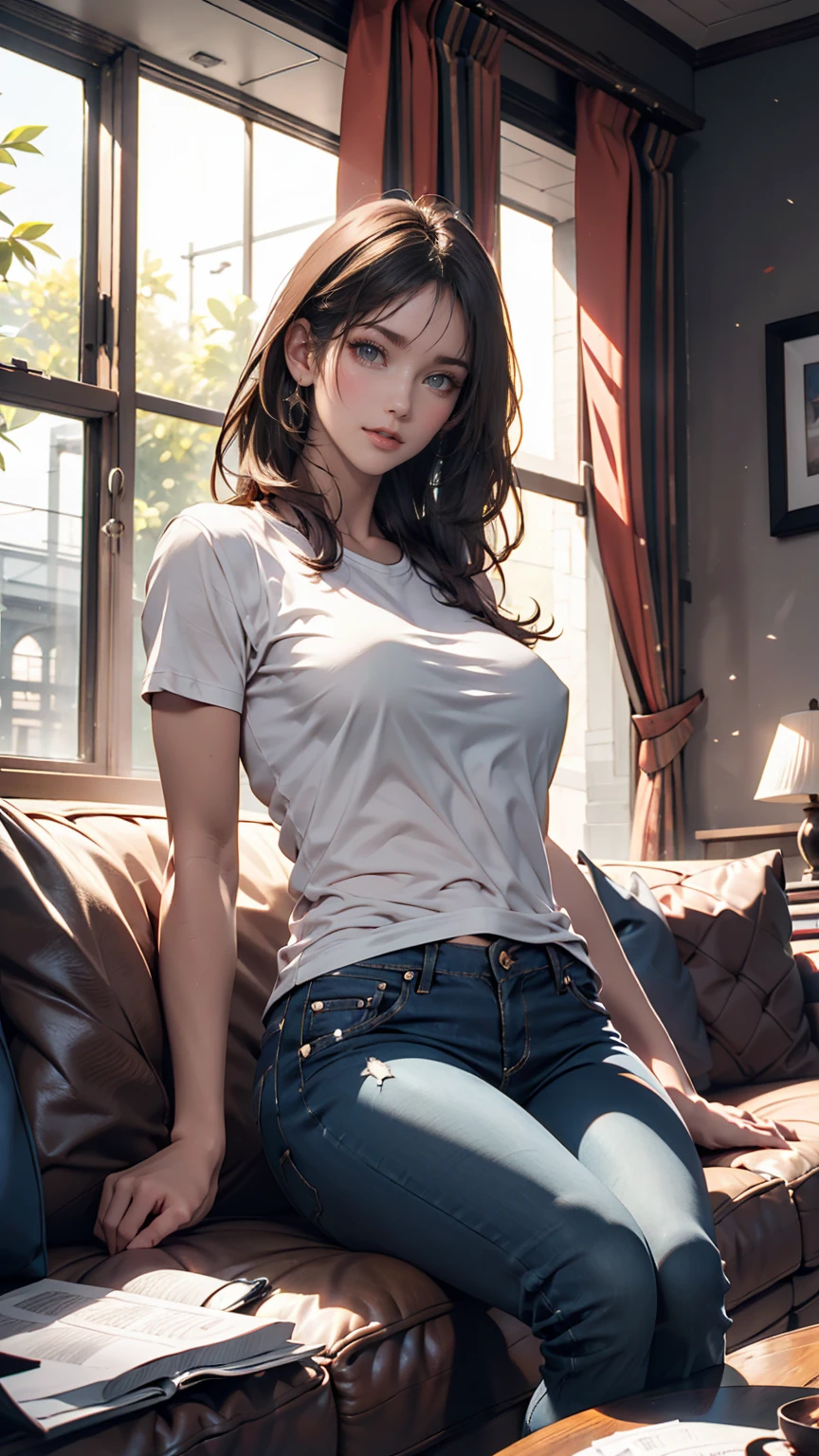 One person,alone,Highest quality, masterpiece, 8k,born photograph, photograph (object), Very detailed, born,Realistic,Sitting, View your viewers,jeans,White T-shirt,Long Hair,Black Hair, sofa,